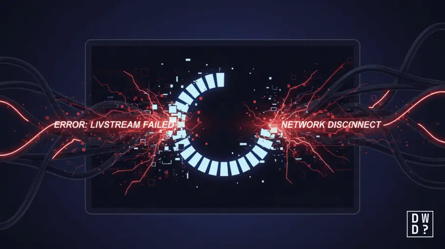 Illustration of a screen showing a buffering circle breaking apart into red static and glitch fragments, overlaid with the error messages 'LIVSTREAM FAILED' and 'NETWORK DISCONNECT.