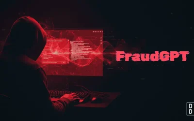 Silhouette of a hooded figure at a keyboard facing a monitor washed in red light, with the name 'FraudGPT' in glitched red type beside it.