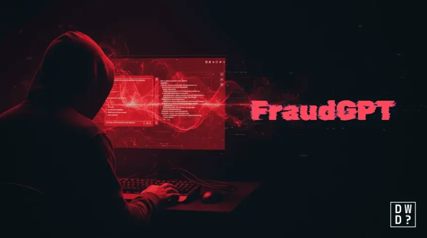Silhouette of a hooded figure at a keyboard facing a monitor washed in red light, with the name 'FraudGPT' in glitched red type beside it.