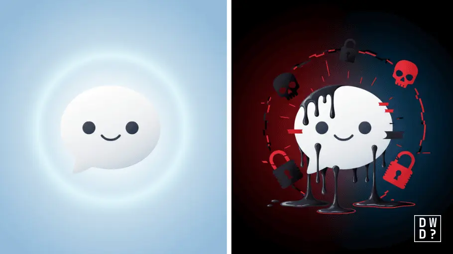 Split panel: on the left, a smiling white chat bubble on a pale blue background; on the right, the same face dripping with black sludge and ringed by red skulls and broken padlocks.