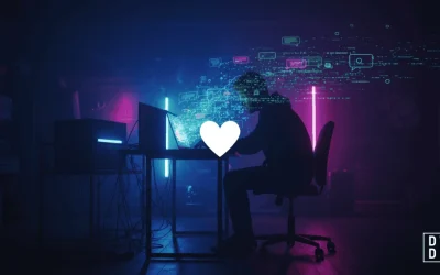 Silhouette of a hooded figure at a laptop in a dark neon-lit room, with chat bubbles and data streaming out from the screen and a white heart icon in the foreground.