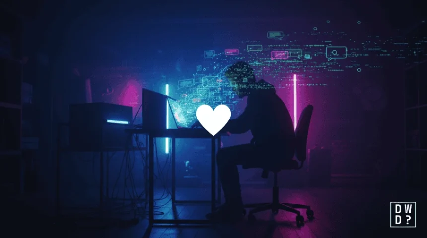 Silhouette of a hooded figure at a laptop in a dark neon-lit room, with chat bubbles and data streaming out from the screen and a white heart icon in the foreground.