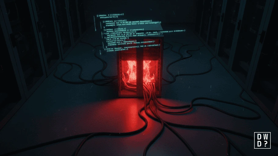 A server rack glowing red in a dark data center, with cables spilling out across the floor and panels of code floating above it.