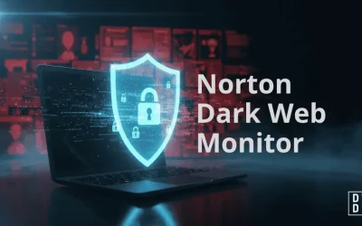 I read that as alt text — say the word if you actually meant "which of these should be the featured image," and I'll weigh in on that instead. Image 1 — Featured "Laptop on a dark background with a glowing blue shield and padlock icon projected above it, backed by a red grid of profile and file icons, titled 'Norton Dark Web Monitor.'