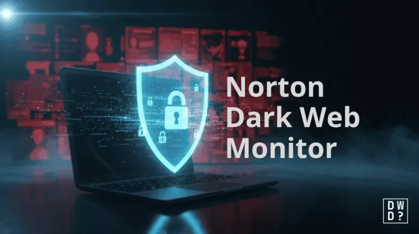 I read that as alt text — say the word if you actually meant "which of these should be the featured image," and I'll weigh in on that instead. Image 1 — Featured "Laptop on a dark background with a glowing blue shield and padlock icon projected above it, backed by a red grid of profile and file icons, titled 'Norton Dark Web Monitor.'