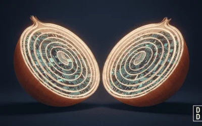 An onion sliced in half against a dark background, its two halves facing outward to reveal concentric layers glowing with circuit-board patterns — a visual metaphor for onion routing and the Tor network's layered encryption.
