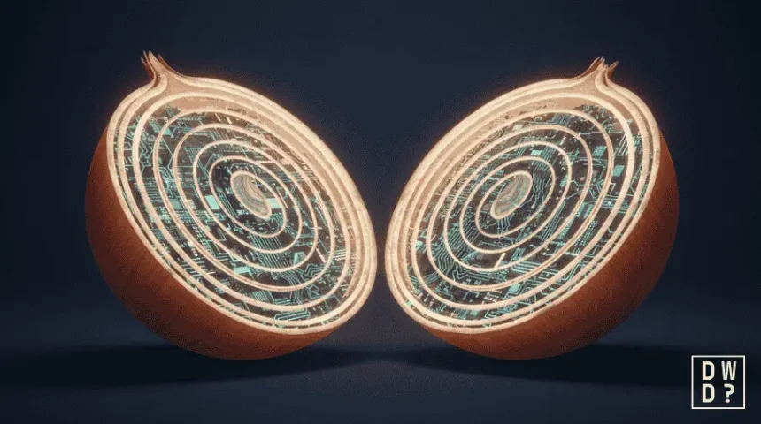 An onion sliced in half against a dark background, its two halves facing outward to reveal concentric layers glowing with circuit-board patterns — a visual metaphor for onion routing and the Tor network's layered encryption.