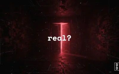 A dark red corridor of circuitry leading to a doorway with harsh red light spilling through the gap, overlaid with the word 'real?' — illustrating the question of whether dark web red rooms actually exist.