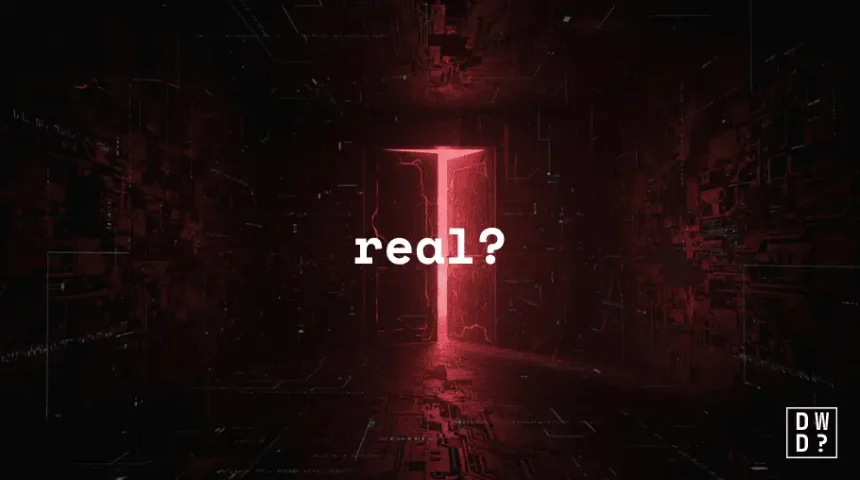 A dark red corridor of circuitry leading to a doorway with harsh red light spilling through the gap, overlaid with the word 'real?' — illustrating the question of whether dark web red rooms actually exist.