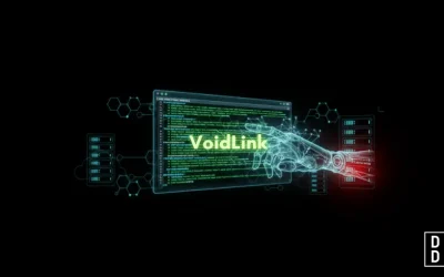 Dark digital illustration of a terminal window filled with green code, with a translucent robotic hand reaching through it toward glowing server racks, and the name 'VoidLink' overlaid in green.