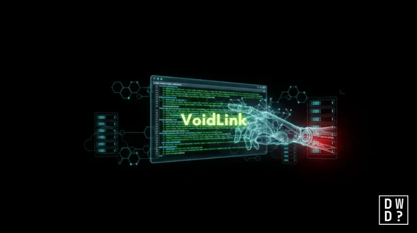 Dark digital illustration of a terminal window filled with green code, with a translucent robotic hand reaching through it toward glowing server racks, and the name 'VoidLink' overlaid in green.