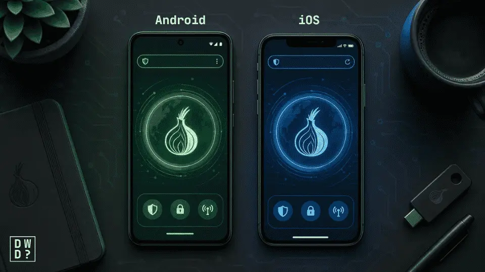 Dark web app comparison: Android and iOS phones side by side on a desk, each showing an onion-logo browser screen with shield, lock, and network icons.