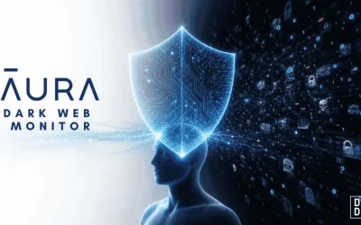 Blue circuit-patterned shield hovering above a human silhouette, holding back a dark wall of binary code, padlock and skull icons, with the title 'Aura Dark Web Monitor.'
