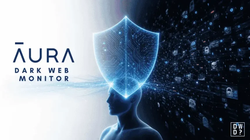 Blue circuit-patterned shield hovering above a human silhouette, holding back a dark wall of binary code, padlock and skull icons, with the title 'Aura Dark Web Monitor.'
