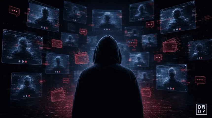 North Korean hackers using fake Zoom meetings to target crypto wallets, shown as a hooded figure amid fraudulent call windows