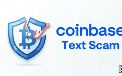 Coinbase text scam warning graphic showing a cracked Bitcoin shield pierced by a red phishing hook