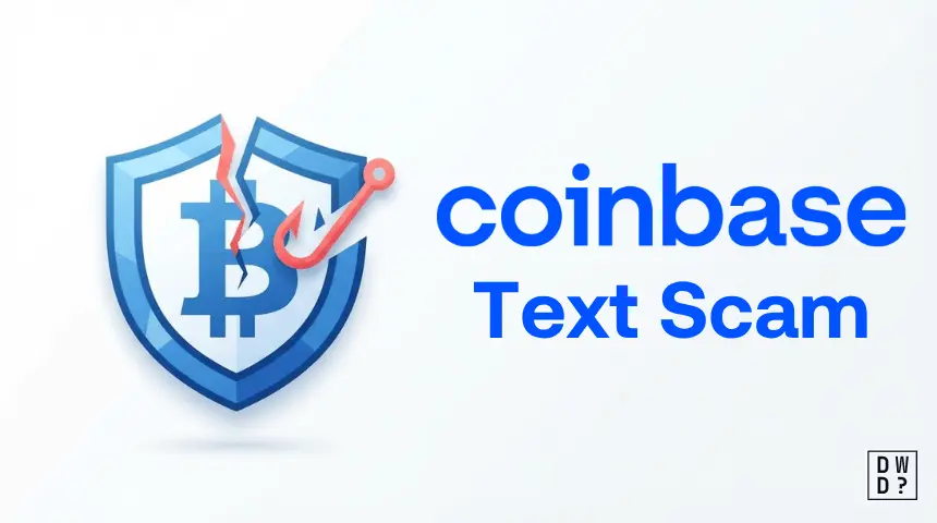 Coinbase text scam warning graphic showing a cracked Bitcoin shield pierced by a red phishing hook