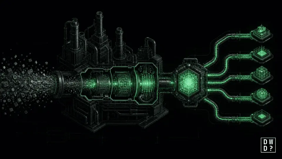 Dark web LLM pipeline illustration: scraped training data enters a machine and produces five separate outputs