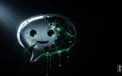 Uncensored AI illustration of a broken chat bubble icon with glowing green circuitry beneath the surface