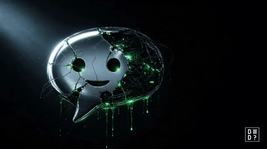 Uncensored AI illustration of a broken chat bubble icon with glowing green circuitry beneath the surface