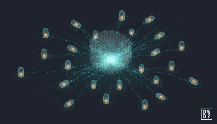 Illustration of dark web marketplace activity, showing one central server connected to many anonymous listing