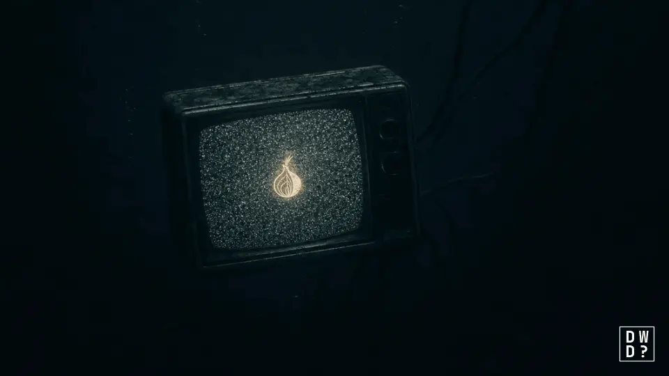 Vintage TV displaying the Tor onion symbol in static, representing dark web videos hosted on .onion sites