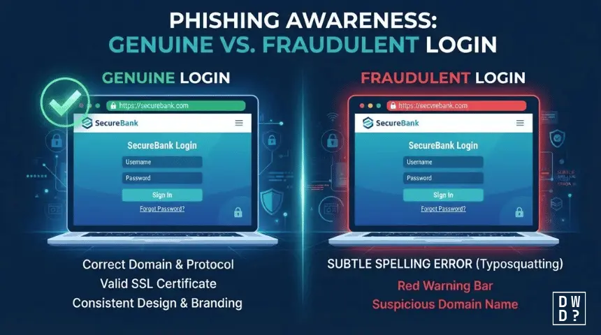 Phishing awareness infographic comparing a genuine SecureBank login page with a fraudulent typosquatted version