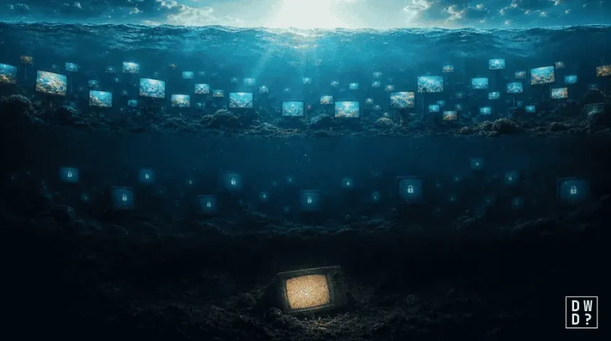 Surface, deep and dark web shown as screens descending underwater, illustrating where dark web videos exist