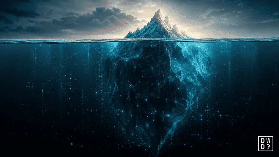 Iceberg at night with a small peak above the waterline and a vast submerged mass lit by glowing network nodes, representing the hidden layers of the internet.