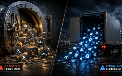vault door left open on one side spilling old game file icons (Portal, Half-Life, CS:GO), next to a delivery truck leaking small personal-data icons on the other side — representing two separate Steam-related security stories from August 2026.