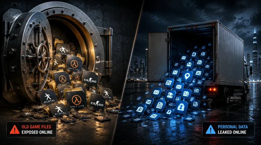 vault door left open on one side spilling old game file icons (Portal, Half-Life, CS:GO), next to a delivery truck leaking small personal-data icons on the other side — representing two separate Steam-related security stories from August 2026.