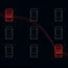 Overhead view of nine cars in a parking grid, two glowing red and emitting signal lines to each other, illustrating infected car head units enrolled in the BADBOX proxy botnet.