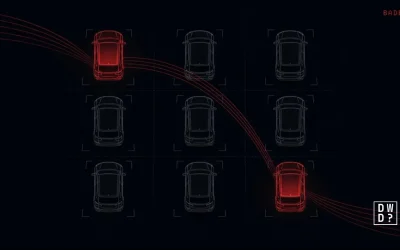 Overhead view of nine cars in a parking grid, two glowing red and emitting signal lines to each other, illustrating infected car head units enrolled in the BADBOX proxy botnet.