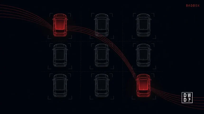 Overhead view of nine cars in a parking grid, two glowing red and emitting signal lines to each other, illustrating infected car head units enrolled in the BADBOX proxy botnet.