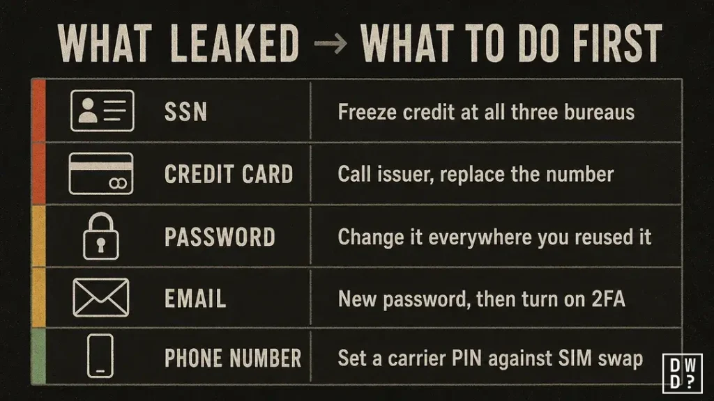 Reference chart pairing each type of leaked data with its first response, ordered from SSN and credit card down to phone number.