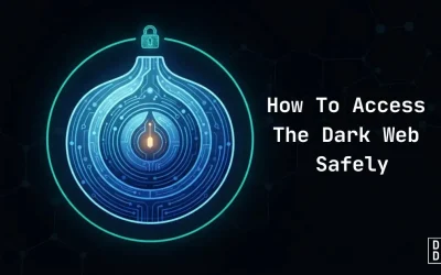 Onion of glowing circuit rings encircled by a padlocked ring, representing safe Tor browsing on the dark web