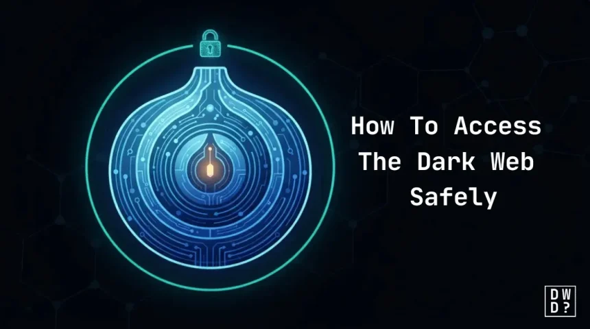 Onion of glowing circuit rings encircled by a padlocked ring, representing safe Tor browsing on the dark web