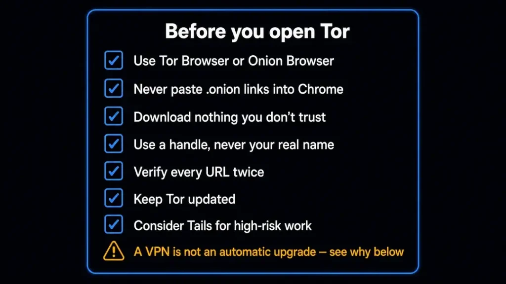 Checklist of dark web safety steps including using Tor Browser, never pasting onion links into Chrome, avoiding downloads, verifying URLs and keeping Tor updated