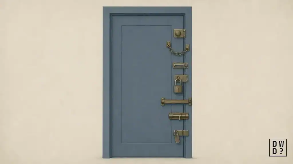 A single door fitted with seven different locks, two of them left open, illustrating the layered steps — credit freeze, MFA, fraud alert, SIM-swap protection — needed after a data breach exposes your information.