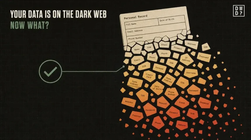 A document breaking into scattered fragments falling into coral, with a single sage checkmark linked back to it, illustrating what to do when your data reaches the dark web.