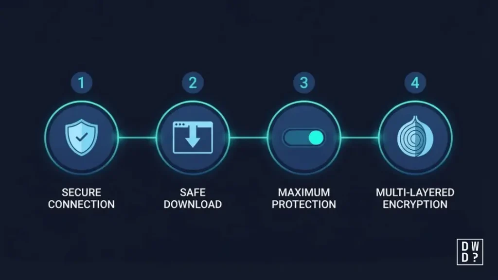 Four step visual guide to accessing the dark web safely, from VPN setup to browsing onion sites
