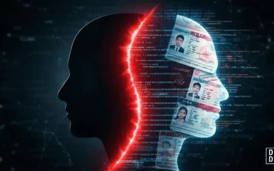 Wireframe human silhouette segmented into panels with price tags, illustrating how stolen identity data is sold on the dark web