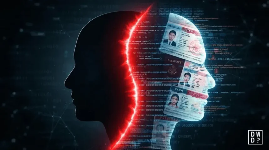 Wireframe human silhouette segmented into panels with price tags, illustrating how stolen identity data is sold on the dark web