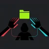 Two differently coloured hands reaching for a stolen data folder, both belonging to the same hooded figure, showing one affiliate running two extortion channels