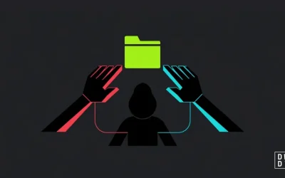 Two differently coloured hands reaching for a stolen data folder, both belonging to the same hooded figure, showing one affiliate running two extortion channels