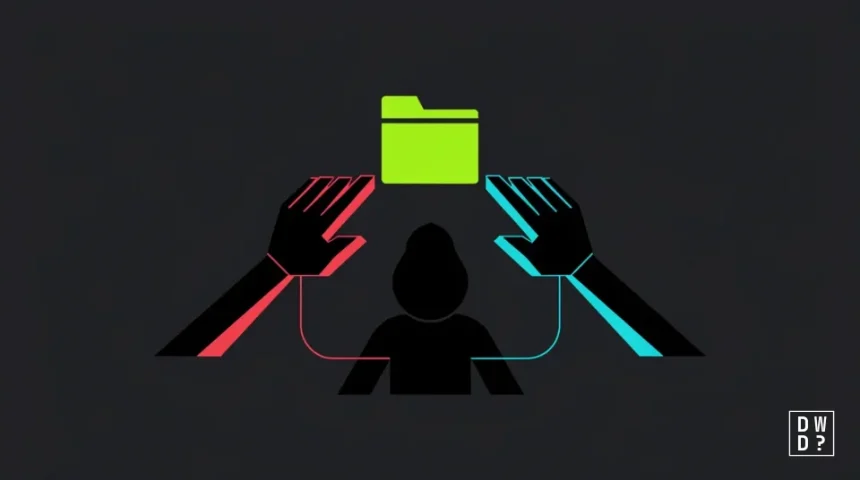 Two differently coloured hands reaching for a stolen data folder, both belonging to the same hooded figure, showing one affiliate running two extortion channels
