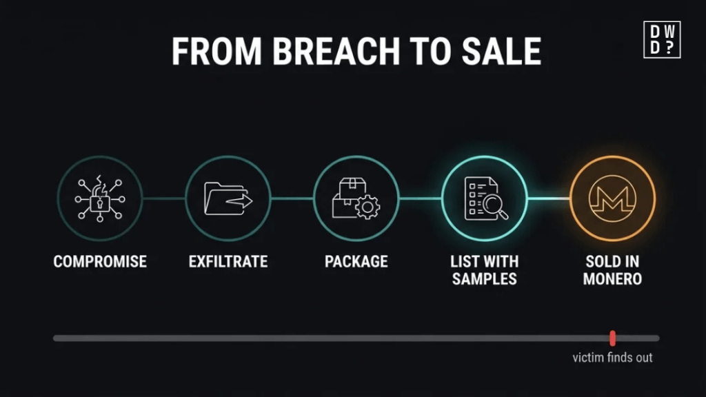 Five-stage flow diagram showing how stolen data moves from breach to sale — compromise, exfiltrate, package, list with samples, sold in Monero — with a timeline marking that victims typically find out near the end.