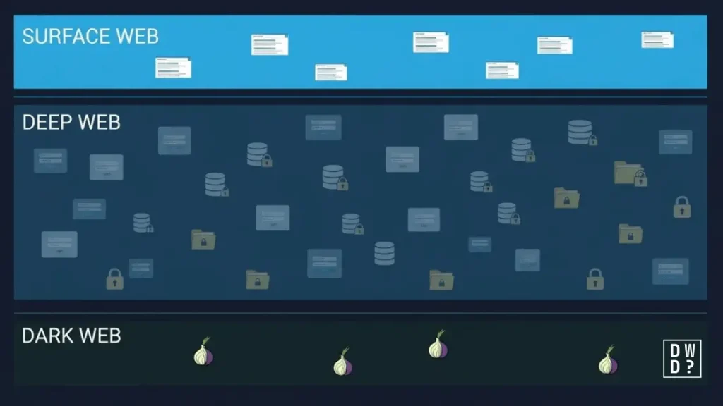 Diagram of the surface web, deep web and dark web as stacked bands showing their true relative sizes
