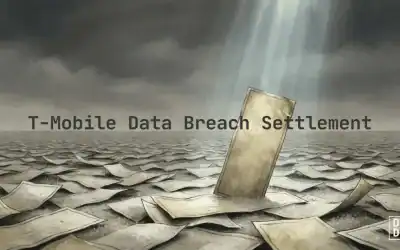 T-Mobile data breach settlement illustration showing a sea of uncashed checks under a stormy sky