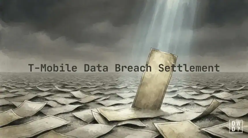 T-Mobile data breach settlement illustration showing a sea of uncashed checks under a stormy sky